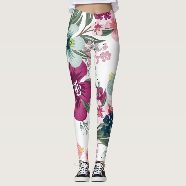 Legging Flores tropicais femininas em branco (Frente)