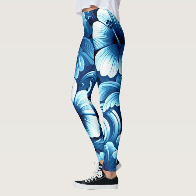 Legging Flores tropicais havaianas Hibiscus Blue White (Esquerda)