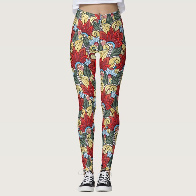 Legging Flores Verdes Amarelas Vermelhas E Rolhas (Frente)