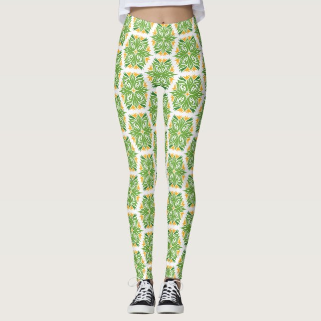 Legging Flores Verdes, Padrão De Flores, Padrão Floral (Frente)