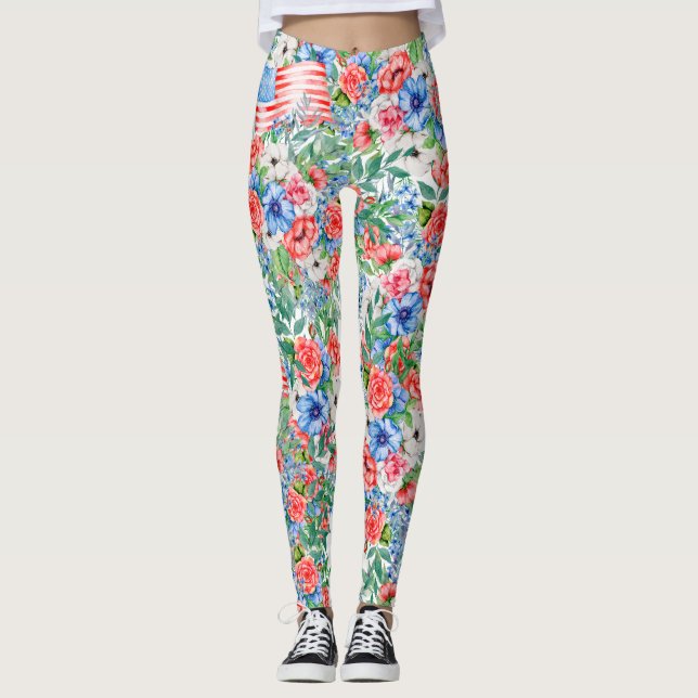 Legging Flores Vermelhas Brancas E Azuis Patrióticas 4 De  (Frente)