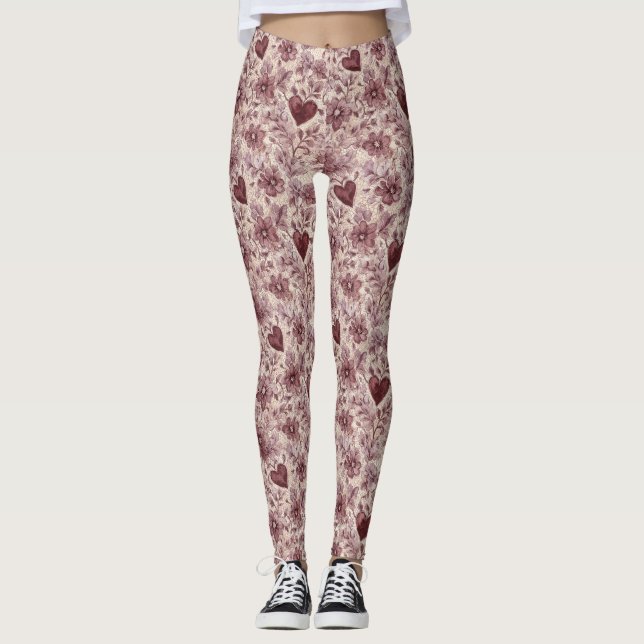 Legging Flores Vermelhas Corações Burgundy Creme (Frente)