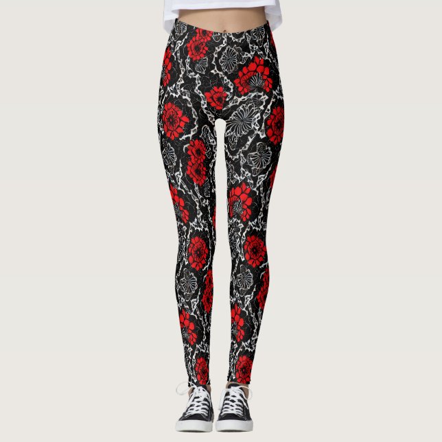 Legging Flores Vermelhas e Padrões Sem Olho Preto (Frente)