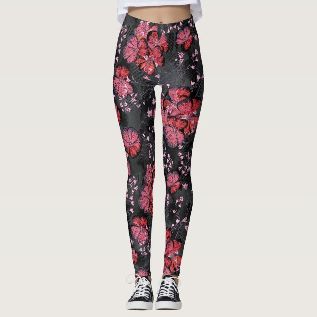 Legging Flores vermelhas em uma cinza preta. (Frente)