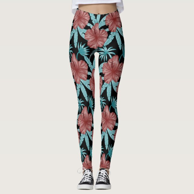 Legging Flores vermelhas padrão uniforme tropical folhas & (Frente)
