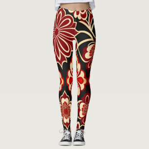 Legging Flores Vintage Padrão Floral Verde Vermelho