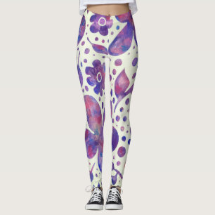 Legging Flores Violetas Românticas e Folhas de Arte Origi