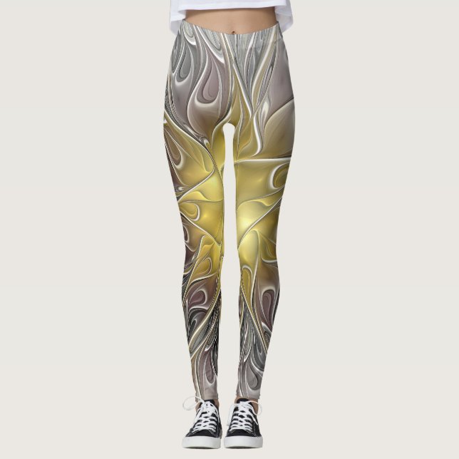 Legging Florescer Com Flor Fractal Abstrata Moderna Dourad (Frente)