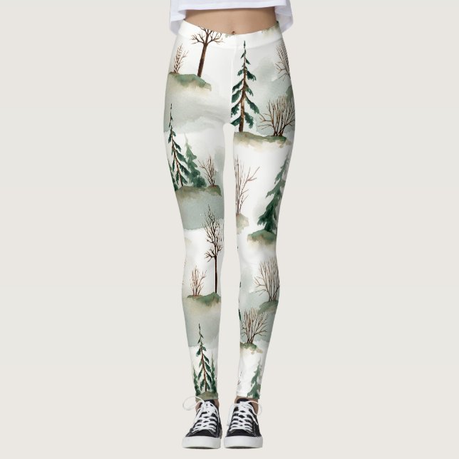 Legging Floresta de inverno: desfoque verde desenhado à mã (Frente)