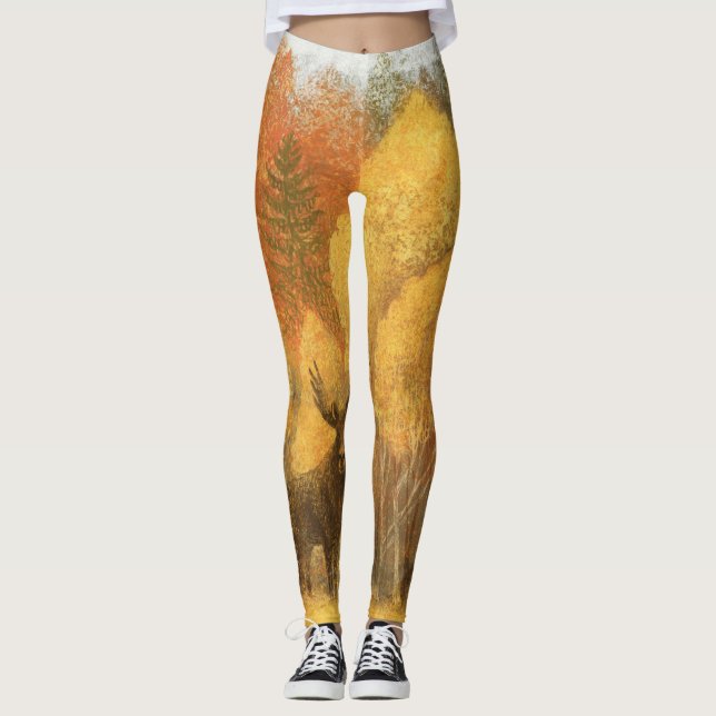 Legging Floresta de outono, cervo digital e raposa. (Frente)