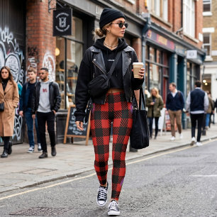 Legging Floresta de Pinheiro Xadrez Búfalo Preto e Vermelh