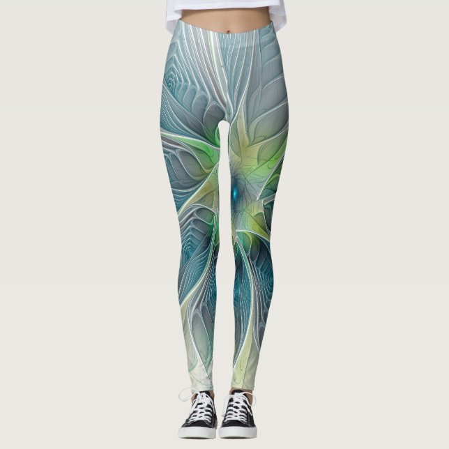 Legging Flourando Fantasia Moderna Azul Flor Fractal Verde (Frente)