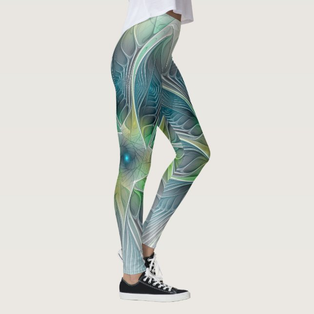 Legging Flourando Fantasia Moderna Azul Flor Fractal Verde (Direita)