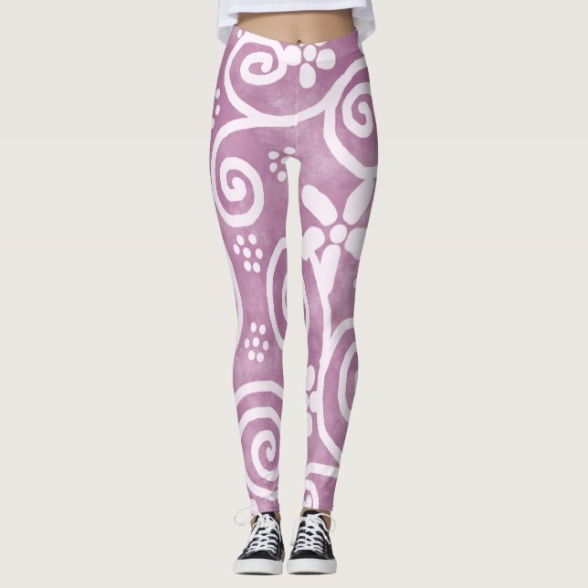 Legging Flowers Swirls Dusty Pink White Pattern Whimsical (Frente)