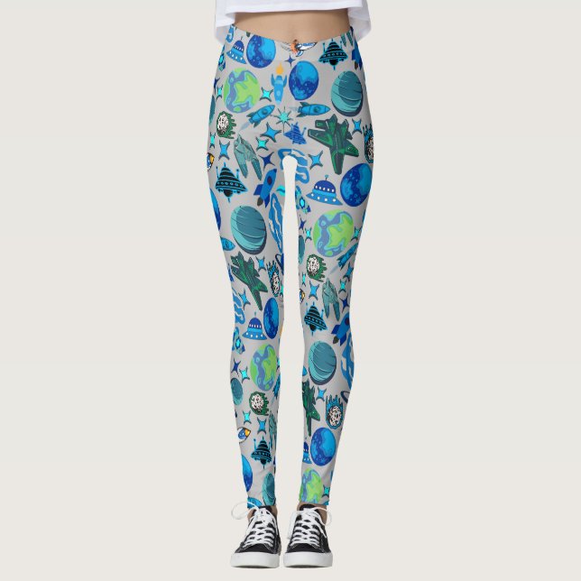 Legging Foguetes Retro no Espaço. Fundo Cinza Claro (Frente)