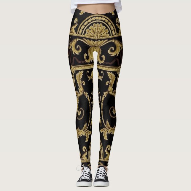Legging Folha de Acanto Clássica Preto e Dourado (Frente)