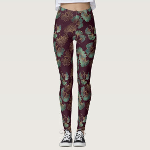 Legging Folha de Ginkgo Elegante em Borgonha e Azul Turque