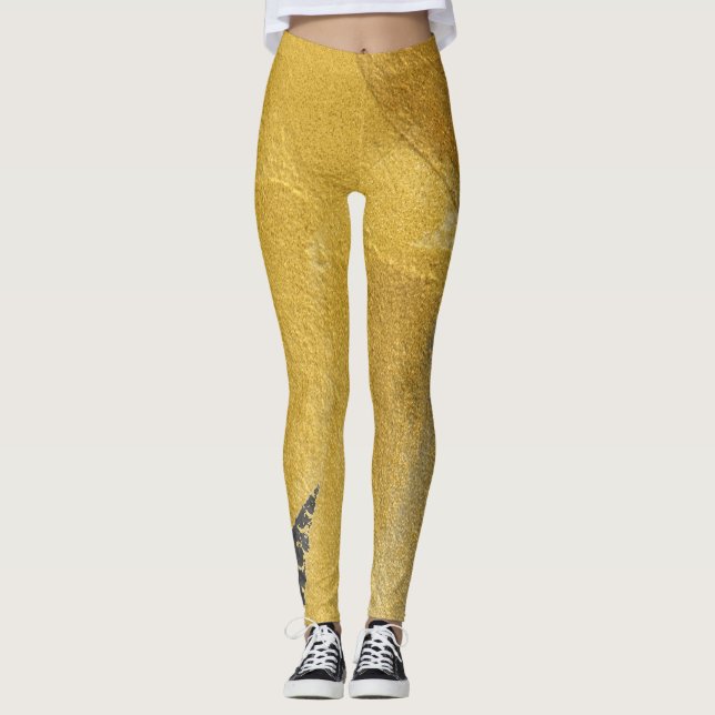 Legging Folha Dourada, design preto abstrato (Frente)