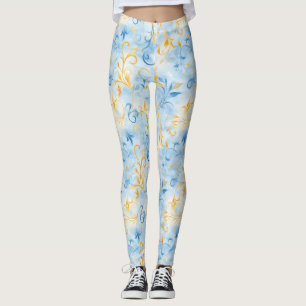 Legging Folha Elegante Azul e Dourada Inspirada em Paisley