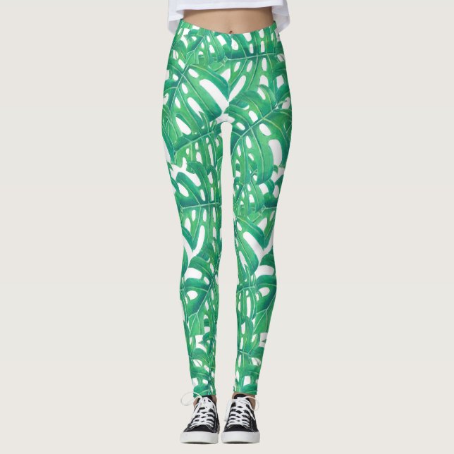 Legging Folha tropical monstera verde padrão branco b (Frente)