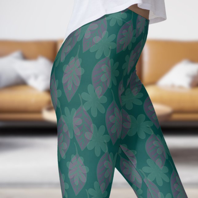 Legging Folha Verde da Selva Clássica e Padrão Petal (Leaf and Petal on Deep Jungle Green Leggings)