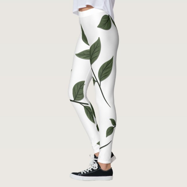 Legging Folhagem com Folhas Verdes em Branco (Esquerda)