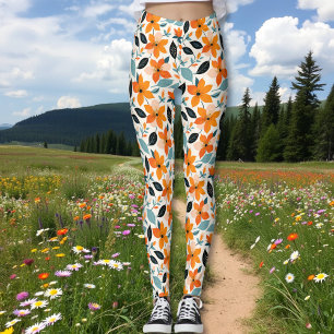 Legging Folhagem e Flores Laranja e Azul