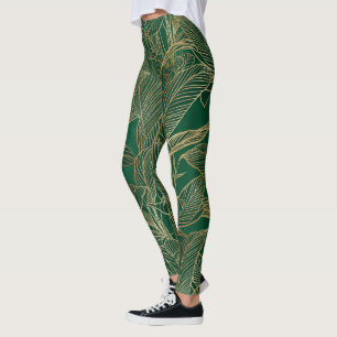 Legging Folhagem Moderna Dourada Verde Design Botânico