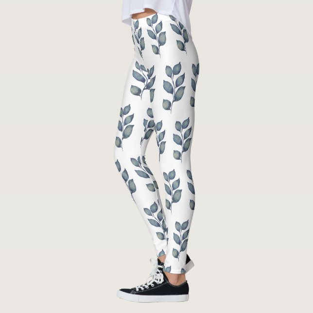 Legging Folhagem moderna em aquarela azul e branco (Esquerda)