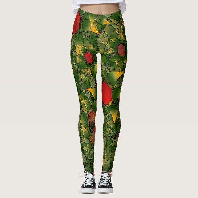 Legging Folhagem virtual amarelada talhada com hexágonos v (Frente)