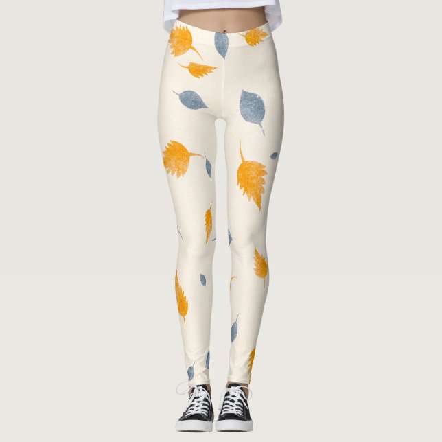 Legging Folhas Amarelas Azuis E Ouros legal Em Creme (Frente)