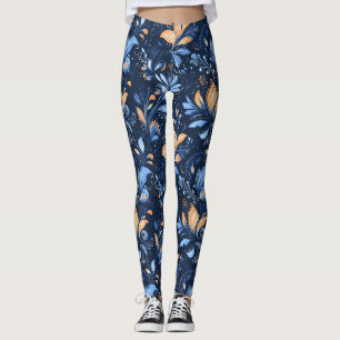 Legging Folhas azuis e Douradas de salsa de Abstrato (3)