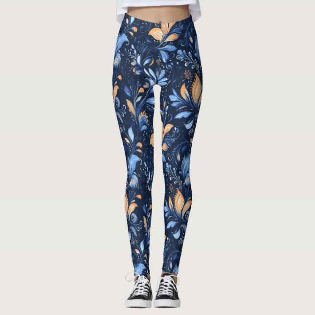 Legging Folhas azuis e Douradas de salsa de Abstrato (3) (Frente)