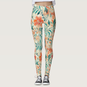 Legging Folhas Azuis Russas e Padrão Floral Vermelho-Laran
