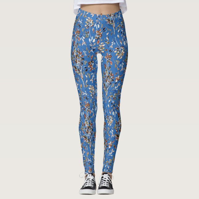 Legging Folhas Berries Azul Elegante Aquarela Floral (Frente)