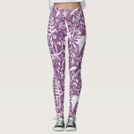 Legging Folhas Botânicas e Flores Roxo<br><div class="desc">Folhas botânicas brancas,  folhagem e silhuetas florais sobre fundo roxo. Arte original de Nic Squirrell.</div>