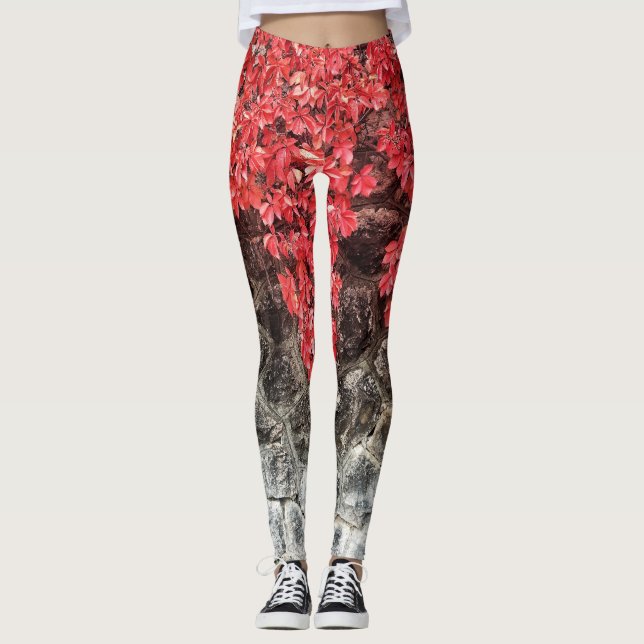 Legging Folhas cor-de-rosa-vermelha folhas de caroço outon (Frente)