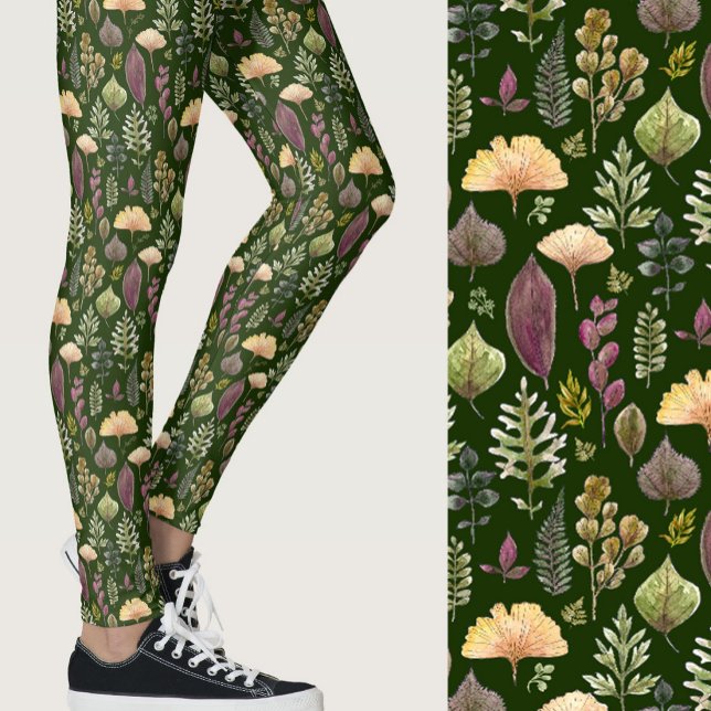 Legging Folhas de aquarela e samambaia floresta outonal ve (Criador carregado)