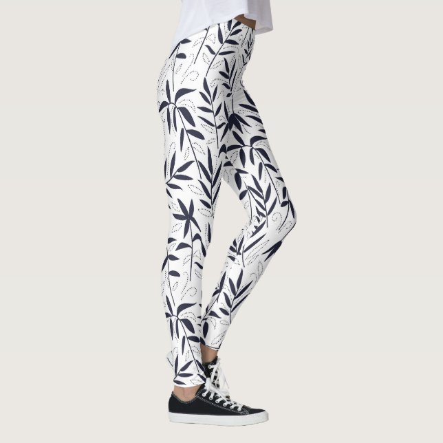 Legging Folhas de bambu branco e azul-marinho do padrão ja (Direita)