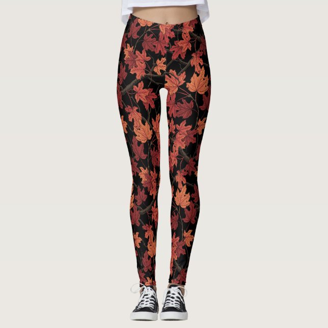 Legging Folhas de bordo de outono vermelho no preto (Frente)