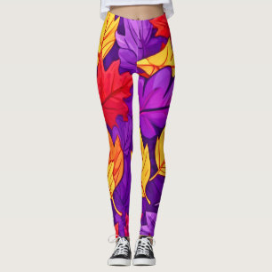 Legging Folhas de Cartoon Vivas: Roxo, Amarelo, Vermelho