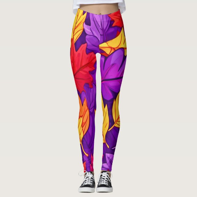 Legging Folhas de Cartoon Vivas: Roxo, Amarelo, Vermelho (Frente)