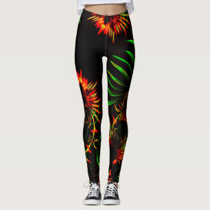 Legging Folhas de erva e pétalas de flores de incêndio