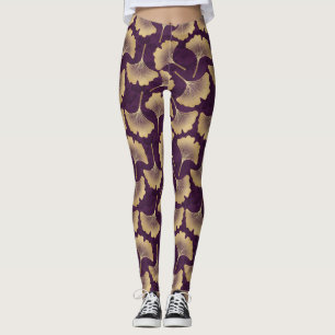 Legging Folhas de Ginkgo Douradas de Luxo em Roxo Fundo (8