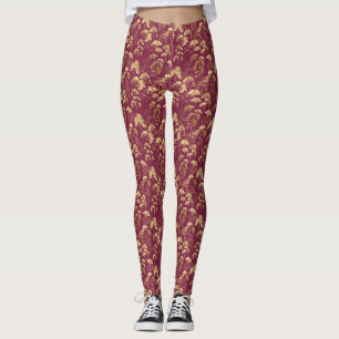 Legging Folhas de Ginkgo Douradas Luxuosas em Burgundy Pro