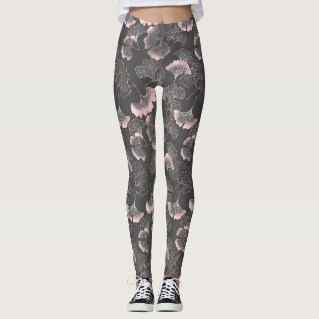 Legging Folhas de Ginkgo Rosa Refinadas com Textura Metáli (Frente)