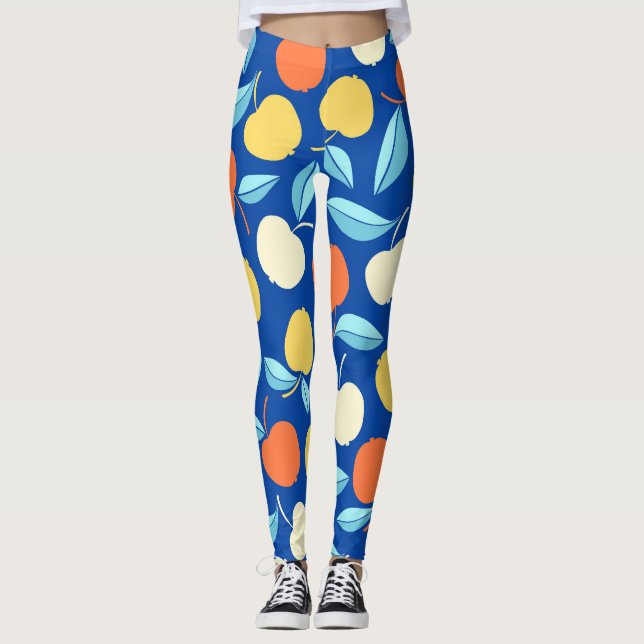 Legging Folhas de maçãs, fundo azul, padrão sem costura. (Frente)