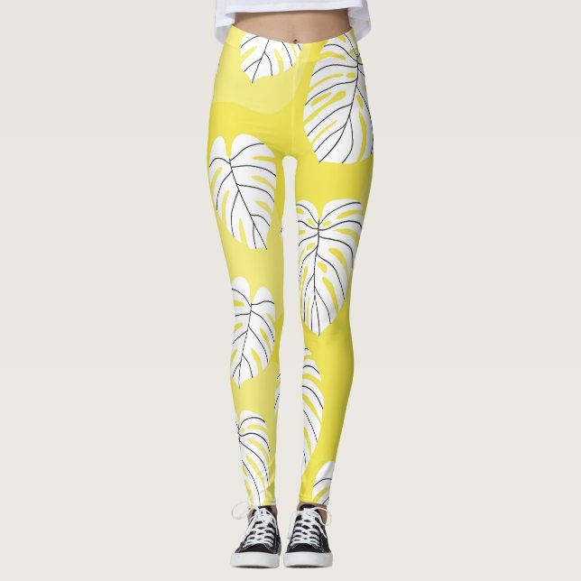 Legging Folhas de Monstera, fundo amarelo brilhante. (Frente)