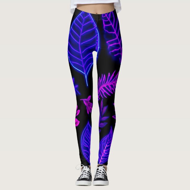 Legging Folhas de Neon em Tons Rosa e Roxo (Frente)