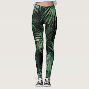 Legging Folhas de Palm de Aquarela Preta e Verde